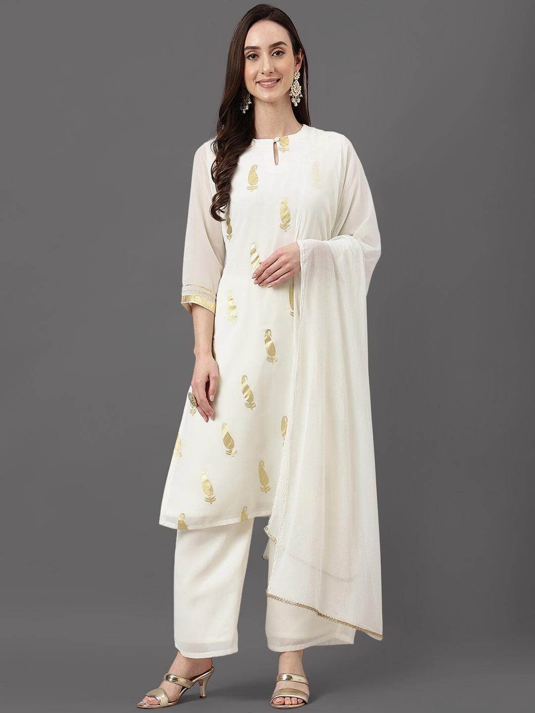 Off White Georgette Foil Print Kurta with Palazzo and Dupatta