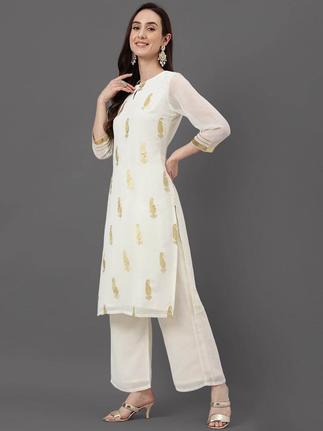 Off White Georgette Foil Print Kurta with Palazzo and Dupatta