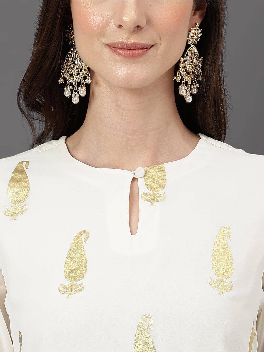 Off White Georgette Foil Print Kurta with Palazzo and Dupatta