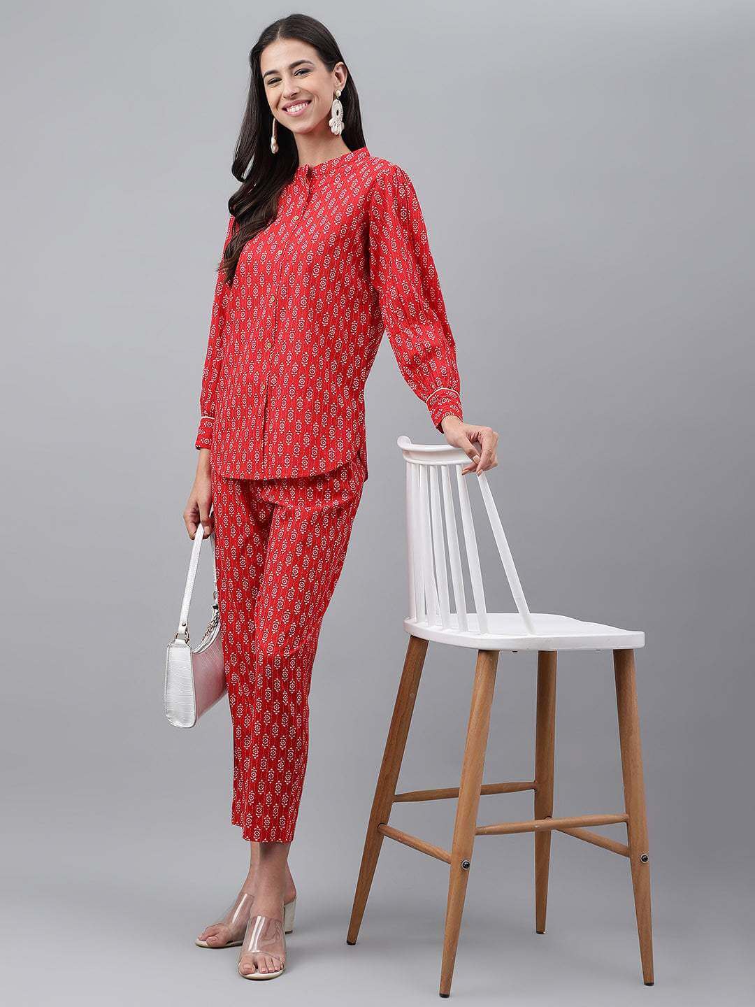 Red Cotton Ethnic Motifs Top with Pant
