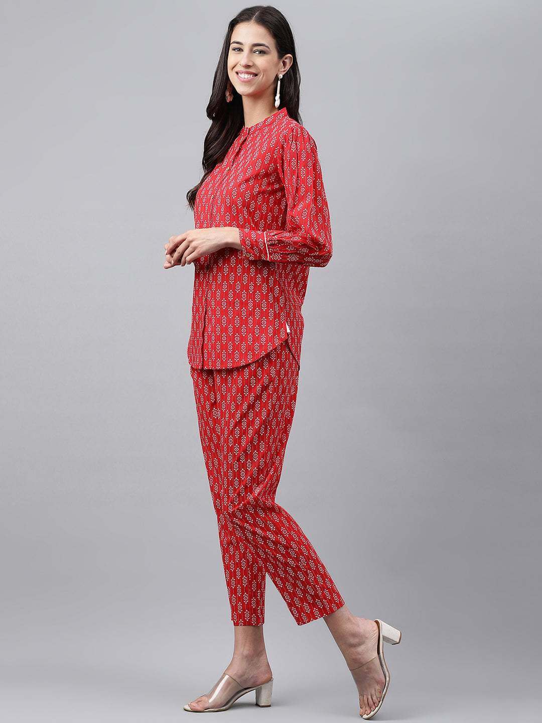 Red Cotton Ethnic Motifs Top with Pant