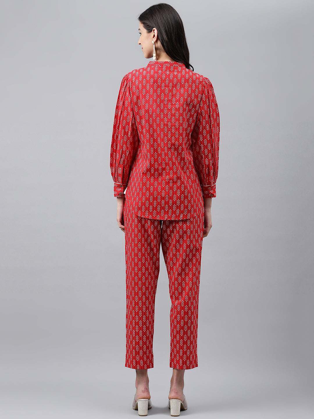 Red Cotton Ethnic Motifs Top with Pant