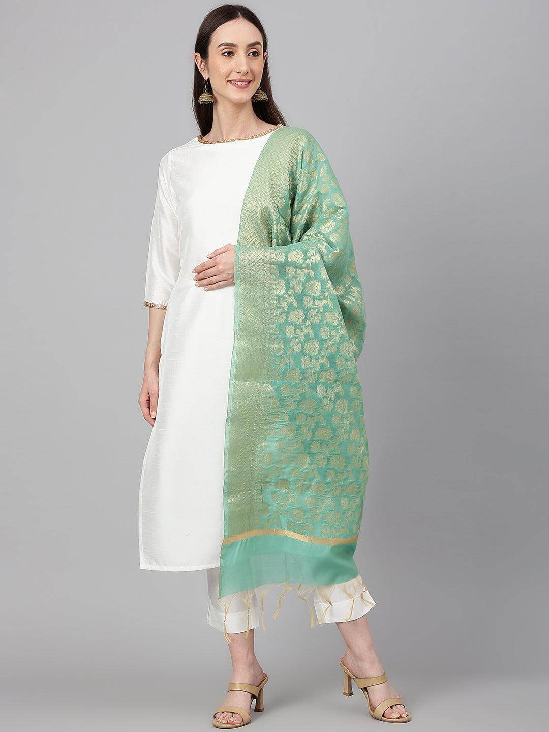 Off White Crepe Silk Solid Kurta with Pant and Dupatta