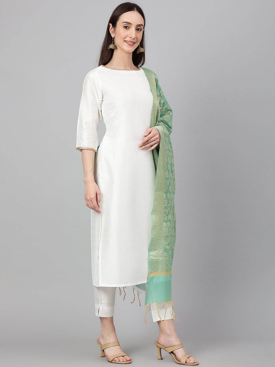 Off White Crepe Silk Solid Kurta with Pant and Dupatta