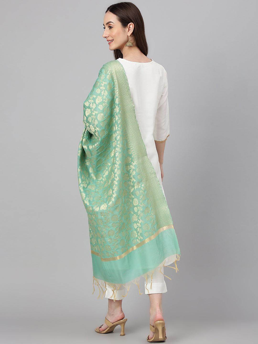Off White Crepe Silk Solid Kurta with Pant and Dupatta