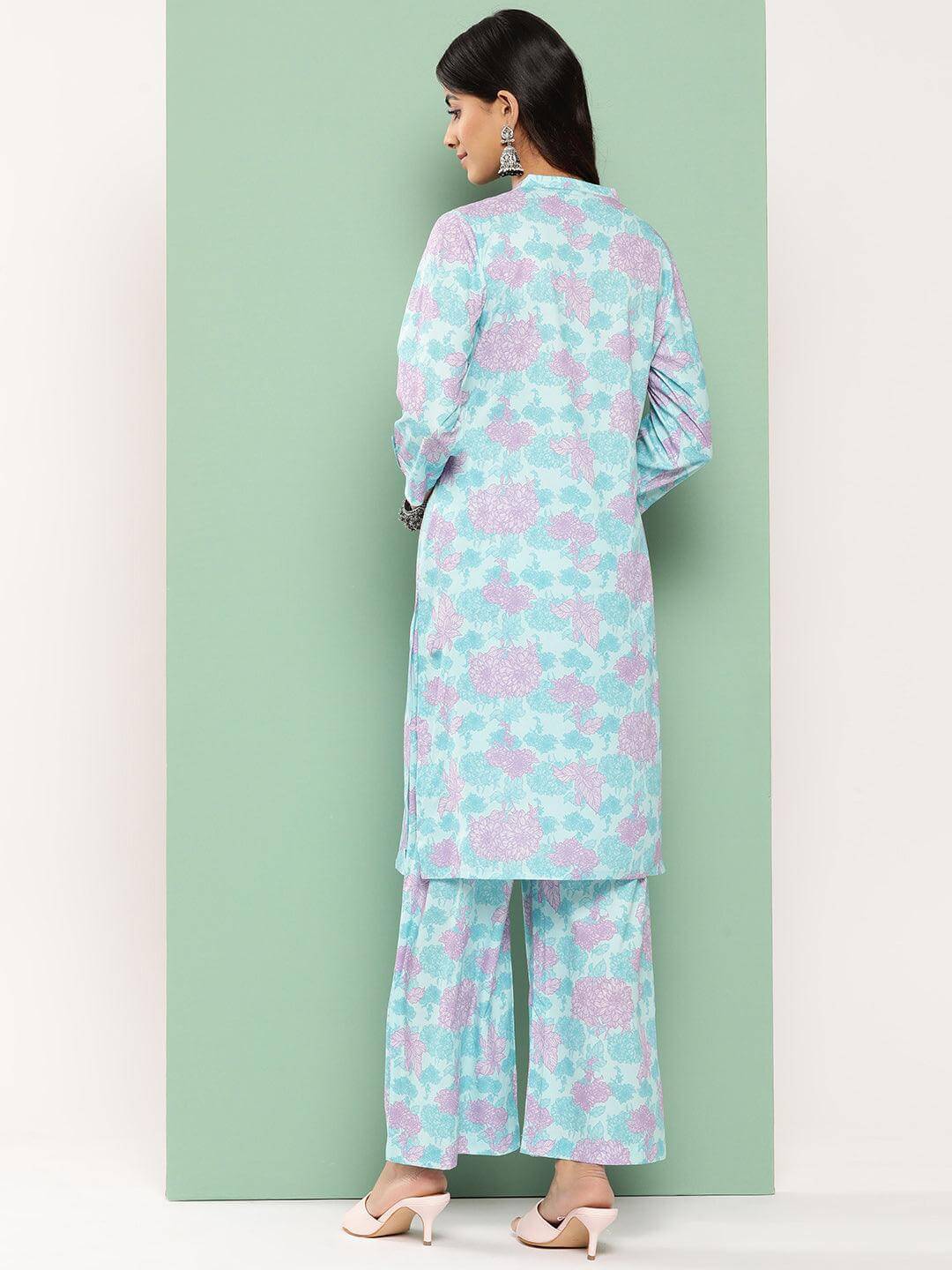 Sky Blue Crepe Digital Printed Kurta with Palazzo