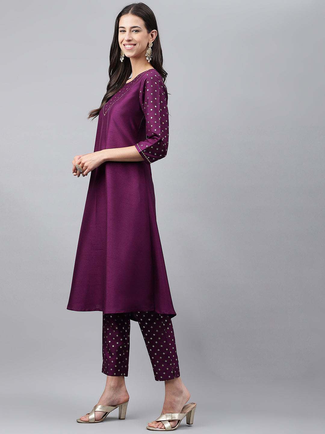 Purple Crepe Silk Solid Kurta with Pant