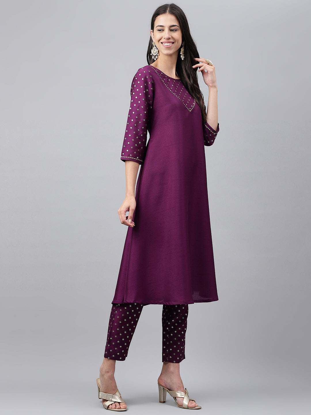 Purple Crepe Silk Solid Kurta with Pant