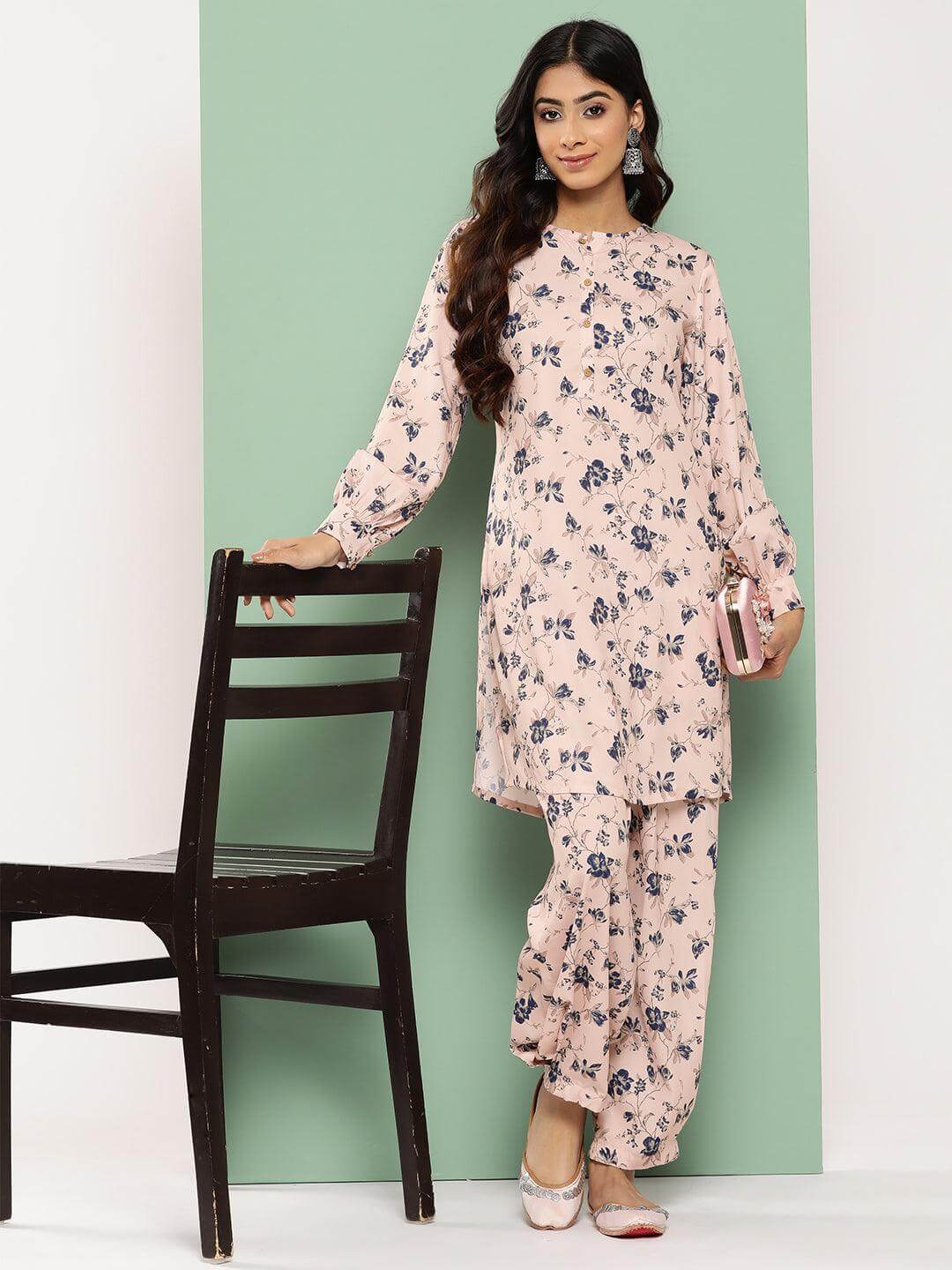 Light Peach Crepe Digital Printed Kurta with Salwar Pant