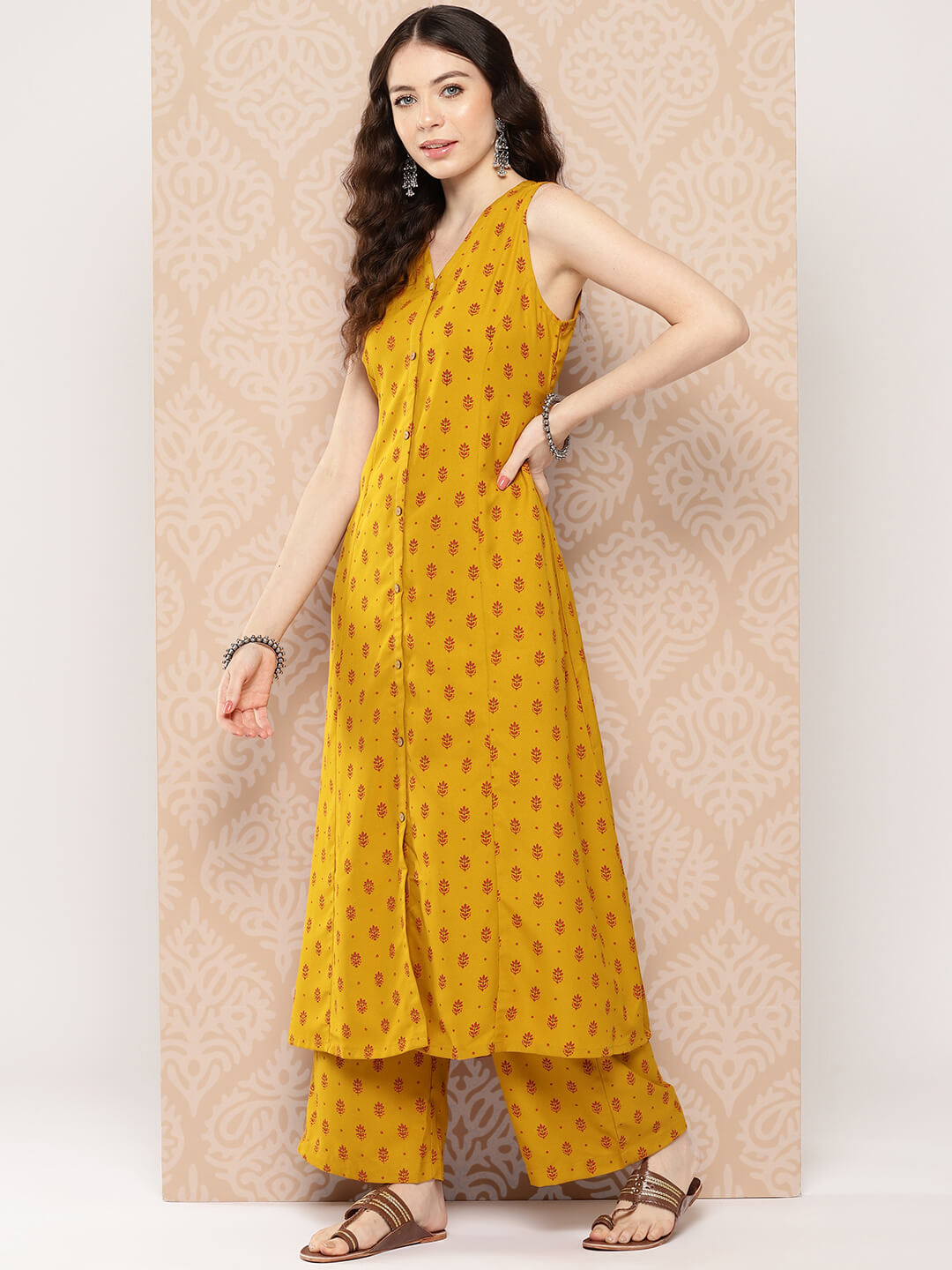Mustard Moss Ethnic Motif Printed Kurta with Palazzo