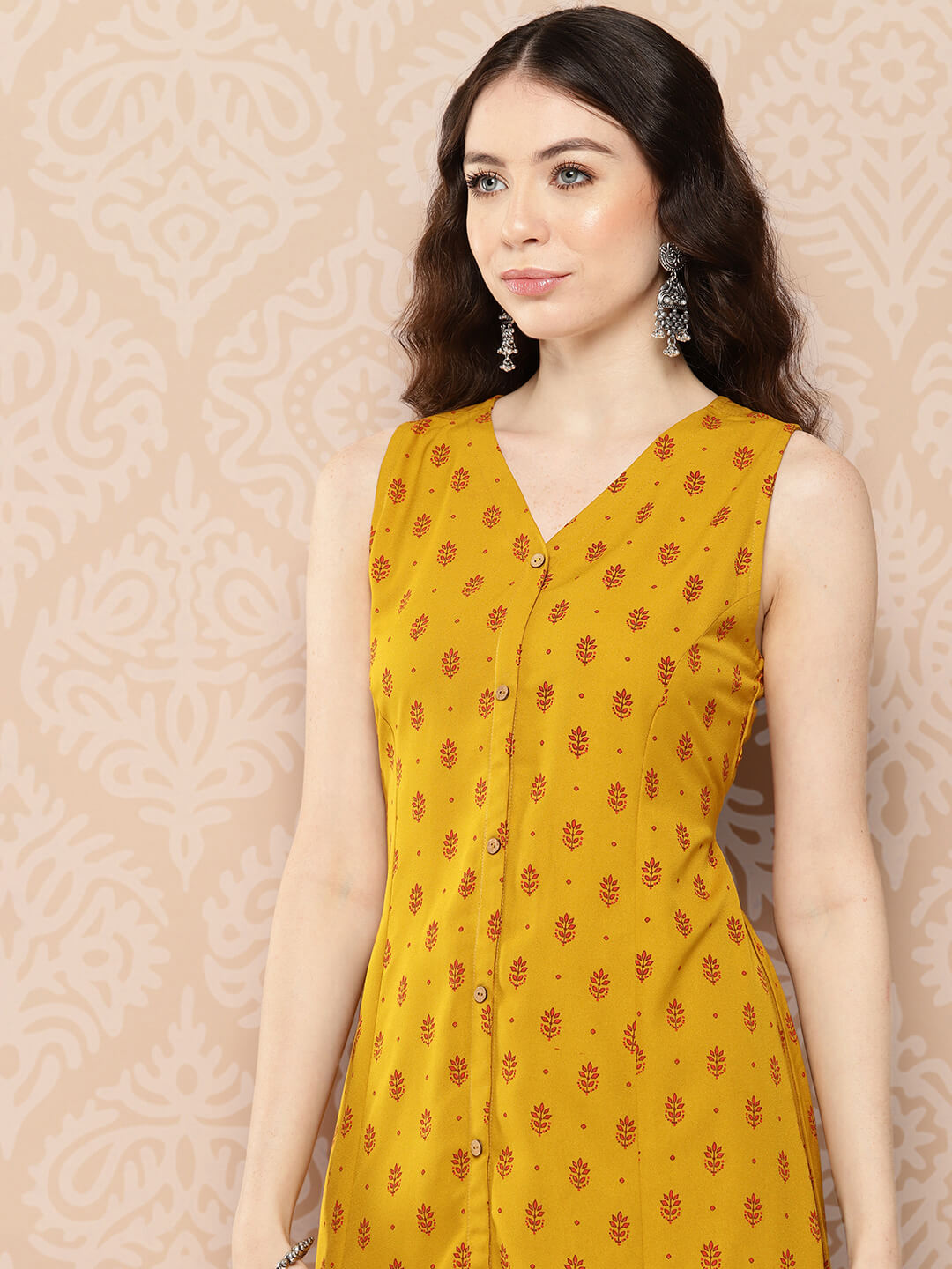 Mustard Moss Ethnic Motif Printed Kurta with Palazzo