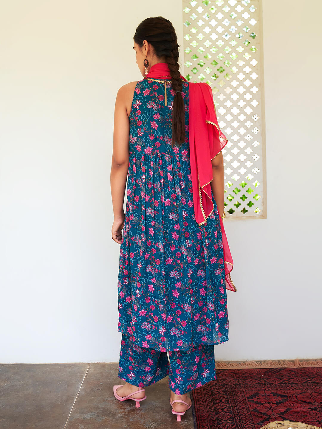 Beautiful Teal Blue Digital Print Kurta With Palazzo