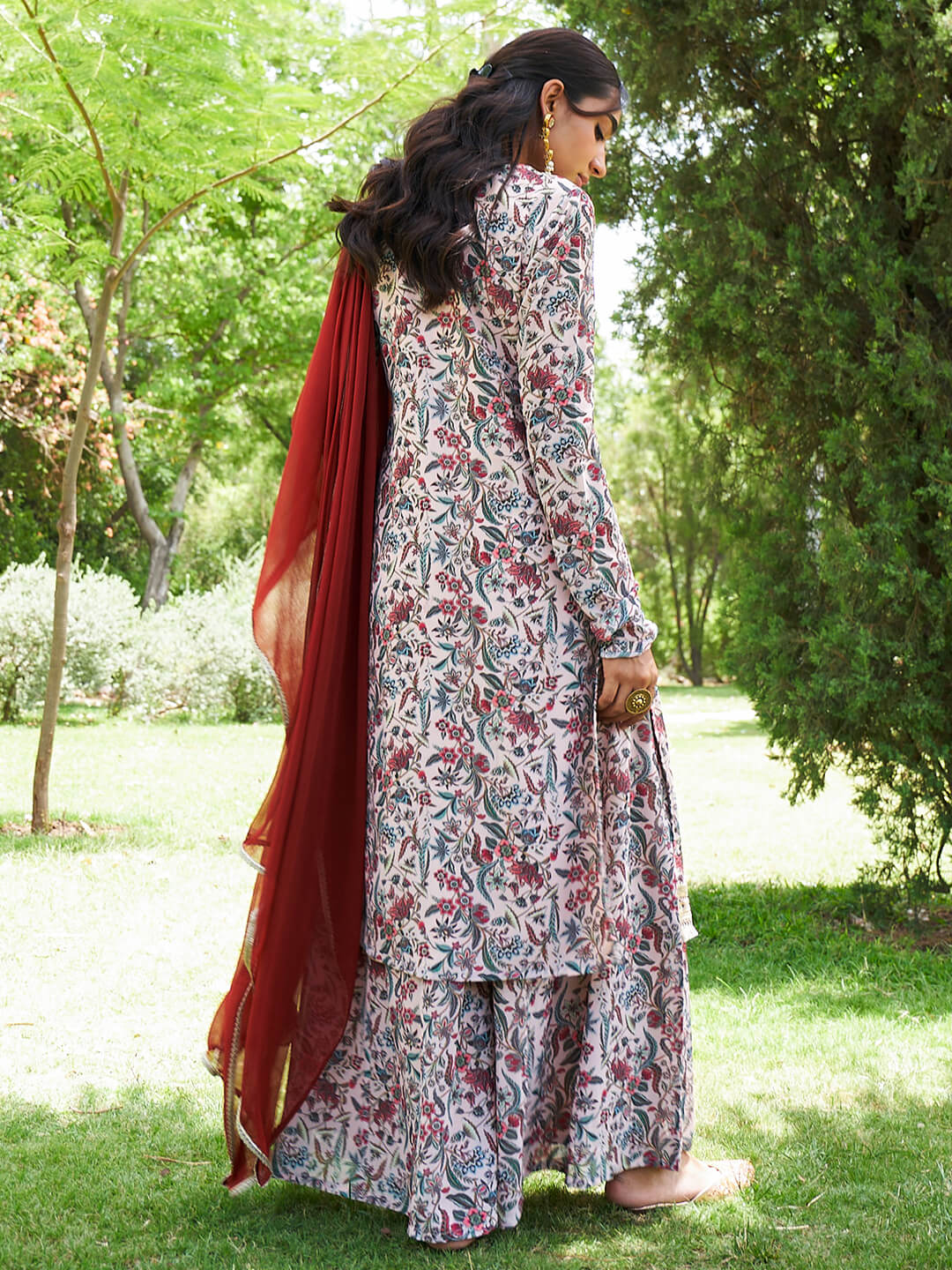 Beige Georgette Printed Floral Kurta Palazzo Set