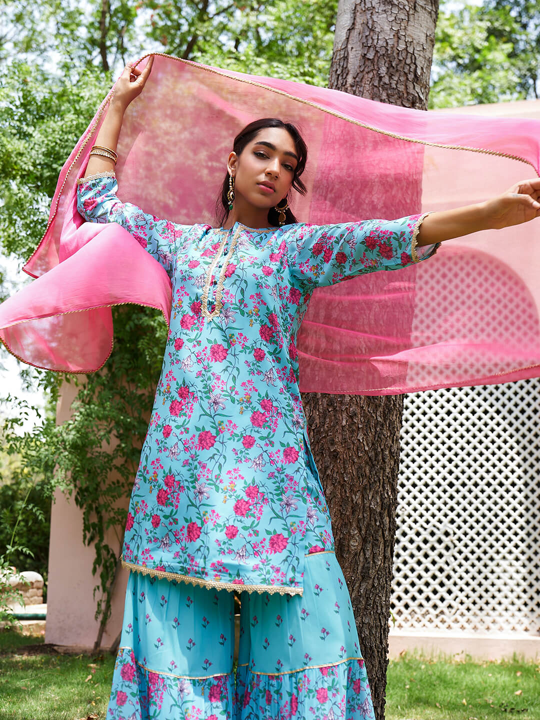 Women Sky Blue Georgette Sharara Suit With Dupatta