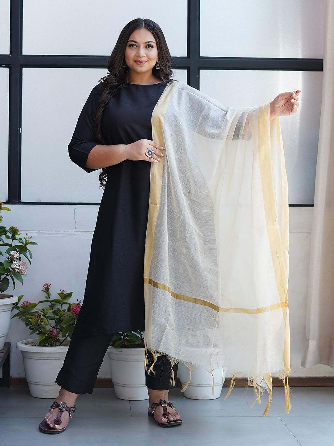 Plus Size Black Poly Silk Kurta With Pant and Dupatta