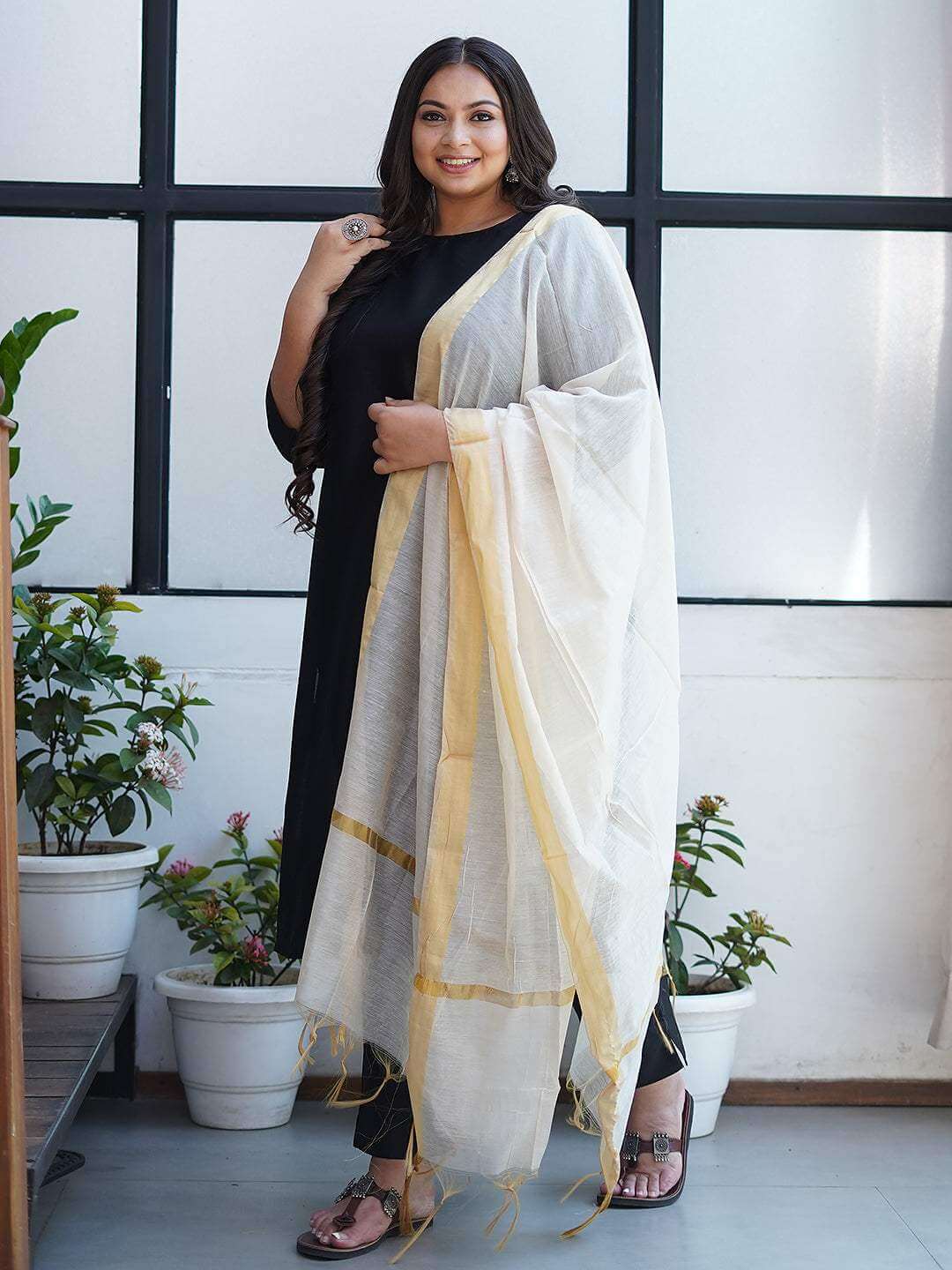 Plus Size Black Poly Silk Kurta With Pant and Dupatta