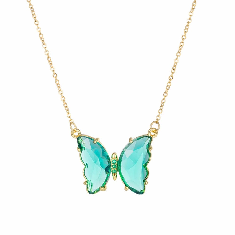 Gold Plated Turquoise Blue Crystal Butterfly Necklace