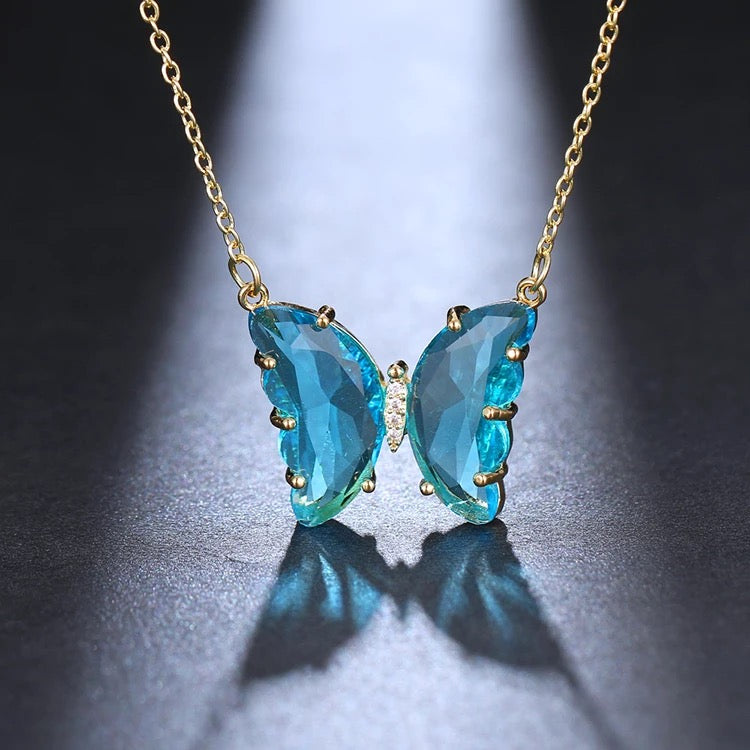 Gold Plated Turquoise Blue Crystal Butterfly Necklace