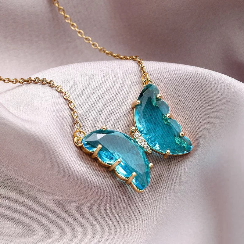 Gold Plated Turquoise Blue Crystal Butterfly Necklace