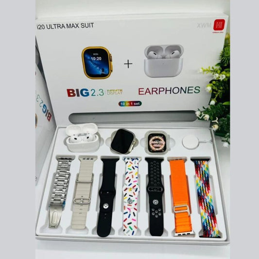 I20 Ultra Max Smart Watch + 7 Straps + Earbuds + Watch Case All In One Box