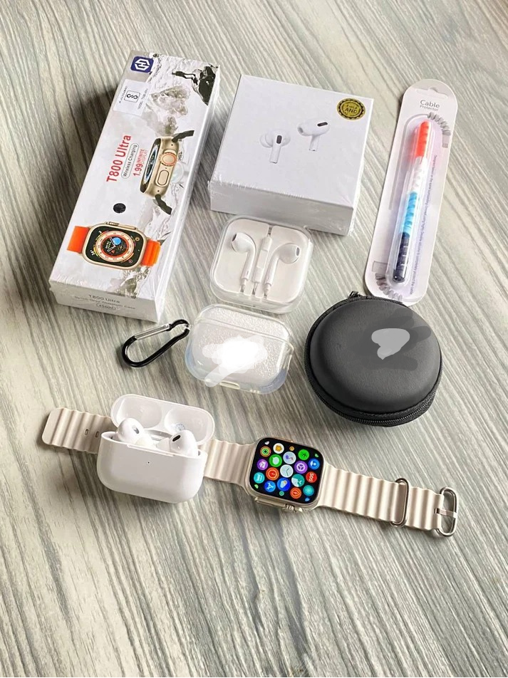 6 in 1 combo: Ultra8 Smartwatch, EarPods Pro 2, earphone, 2 cases, charging cable protector.