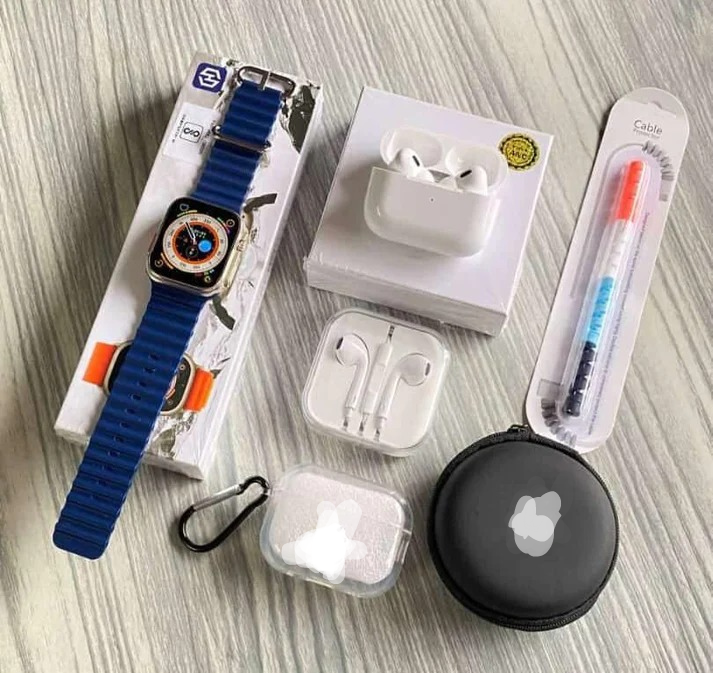 6 in 1 combo: Ultra8 Smartwatch, EarPods Pro 2, earphone, 2 cases, charging cable protector.