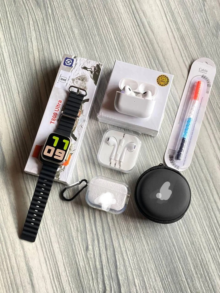 6 in 1 combo: Ultra8 Smartwatch, EarPods Pro 2, earphone, 2 cases, charging cable protector.