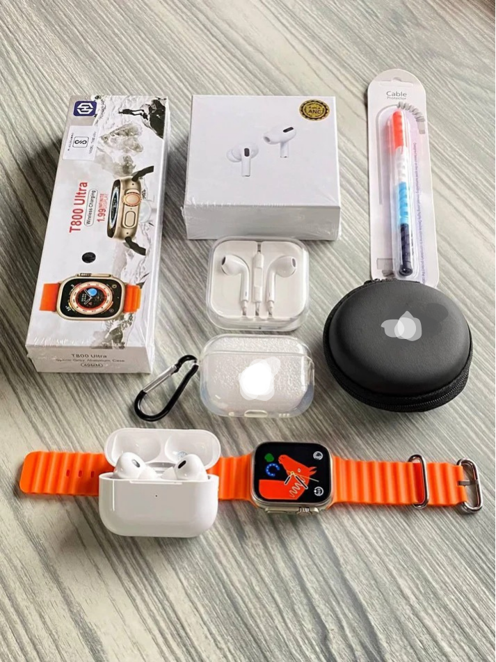 6 in 1 combo: Ultra8 Smartwatch, EarPods Pro 2, earphone, 2 cases, charging cable protector.