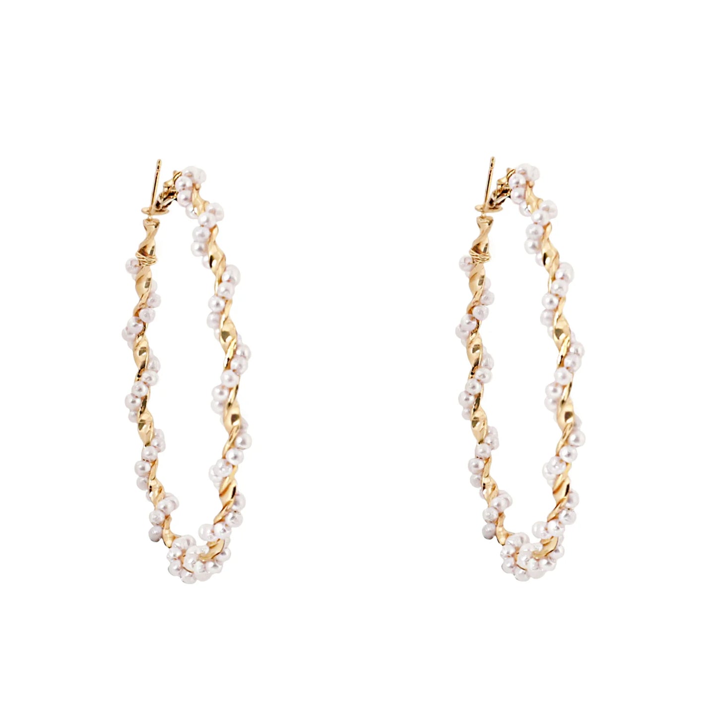 Women Gold Plated Large Pearl Twisted Hoop Earrings