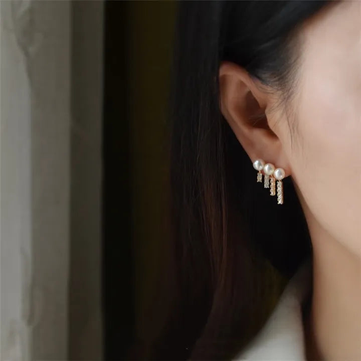 Four-row Tassel Drop Earrings Pearl