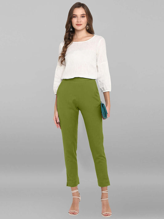 Olive Green Cotton Solid Casual Pant