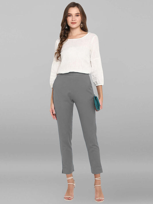 Grey Cotton Solid Casual Pant