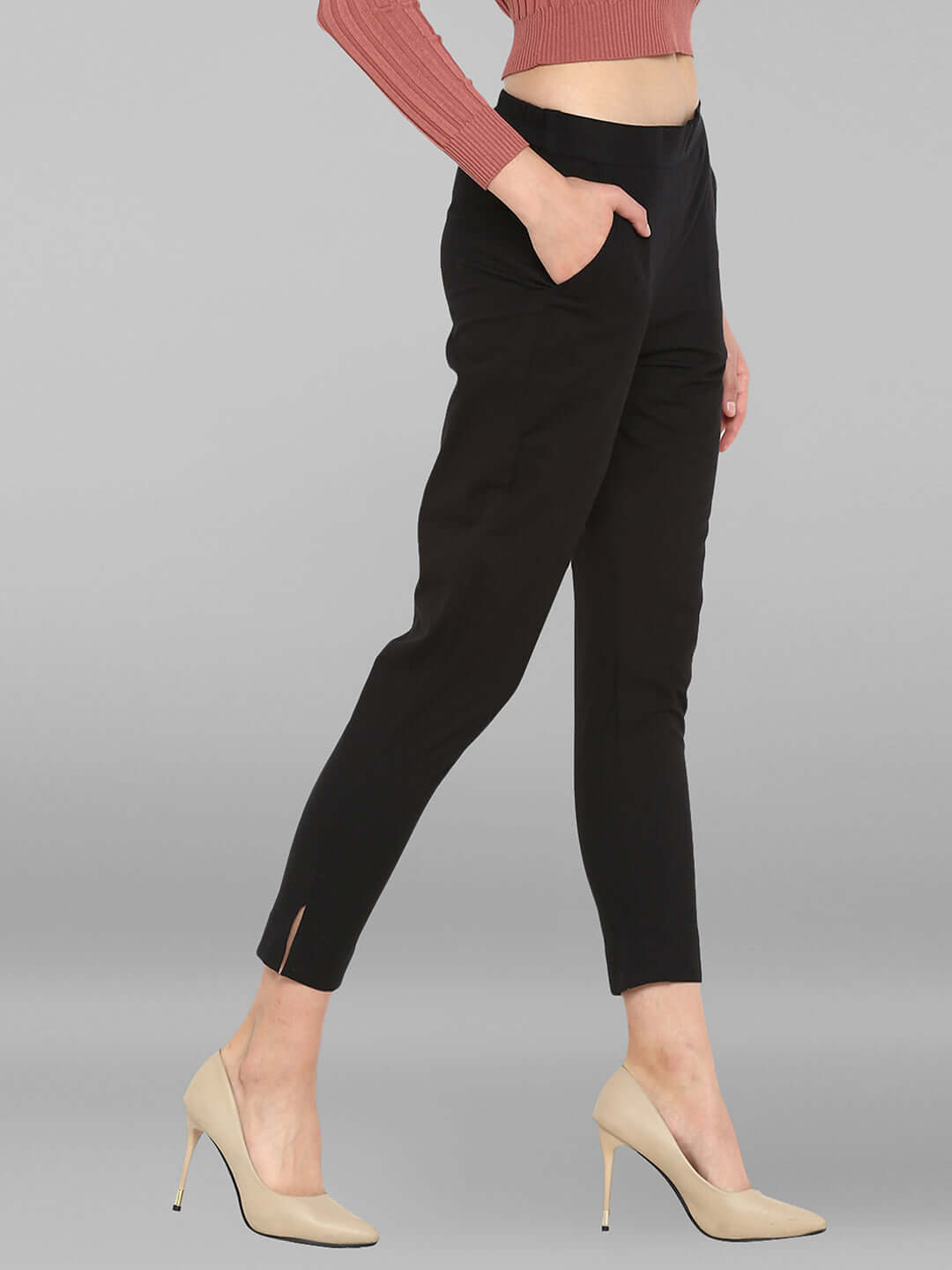 Black Cotton Solid Casual Pant