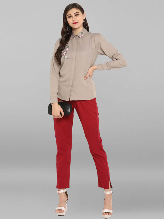 Red Cotton Solid Casual Pant