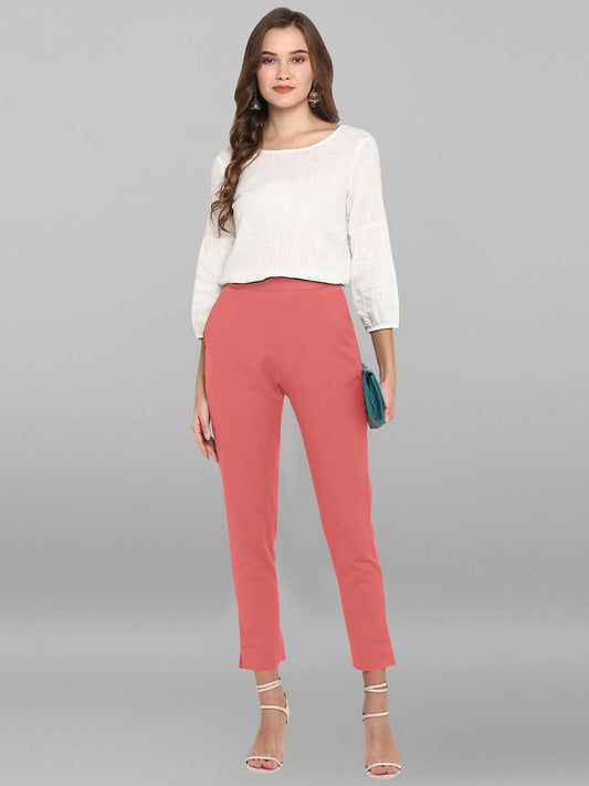 Pink Cotton Solid Casual Pant