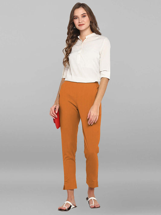 Mustard Cotton Solid Casual Pant