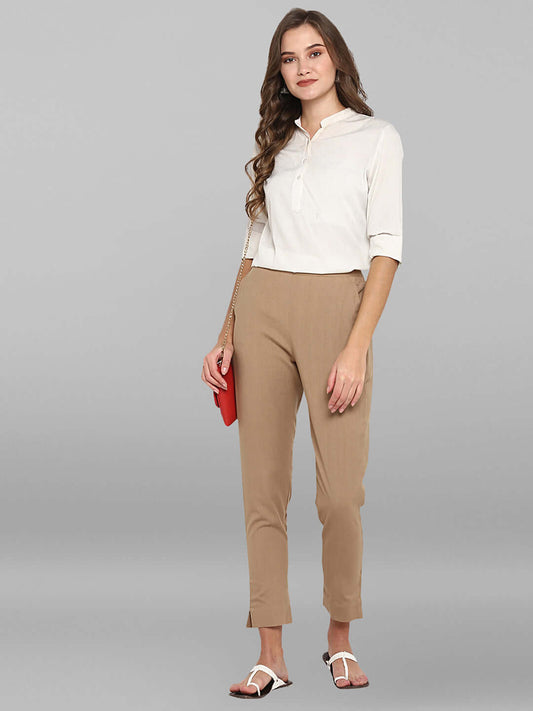 Beige Cotton Solid Casual Pant