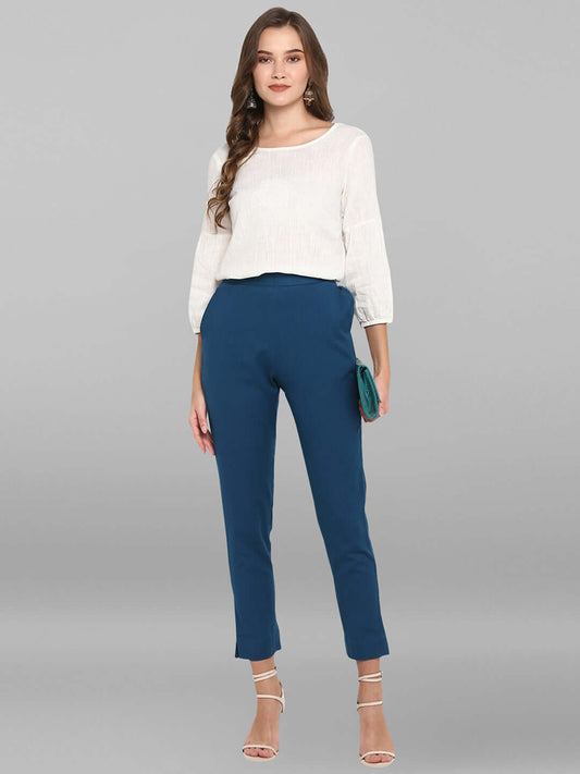 Teal Cotton Solid Casual Pant