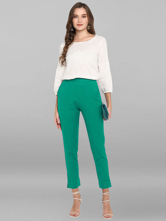 Teal Green Cotton Solid Casual Pant