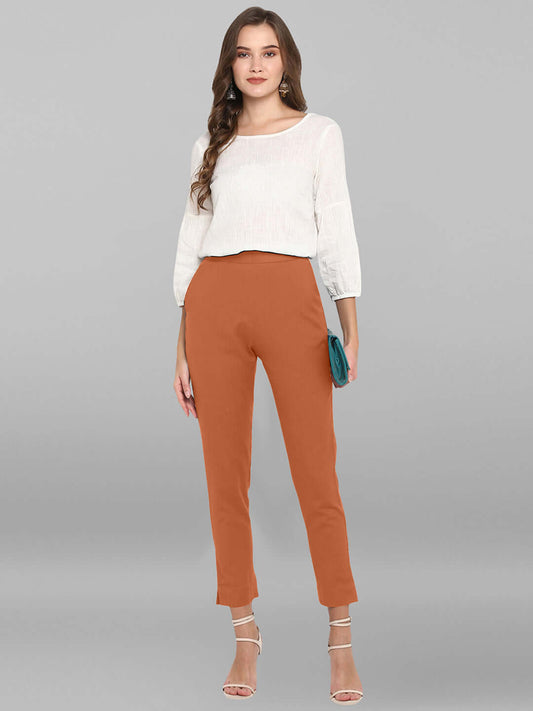 Orange Cotton Solid Casual Pant