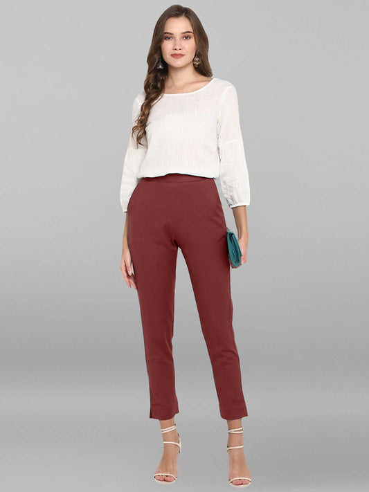 Brick Red Cotton Solid Casual Pant