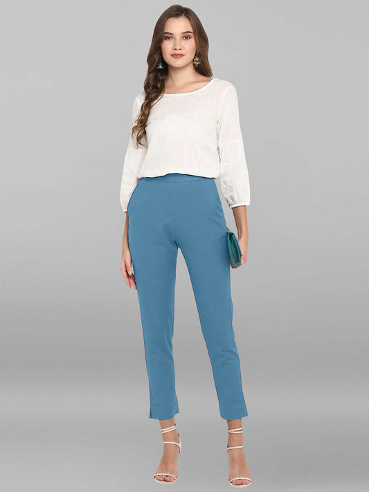 Blue Cotton Solid Casual Pant