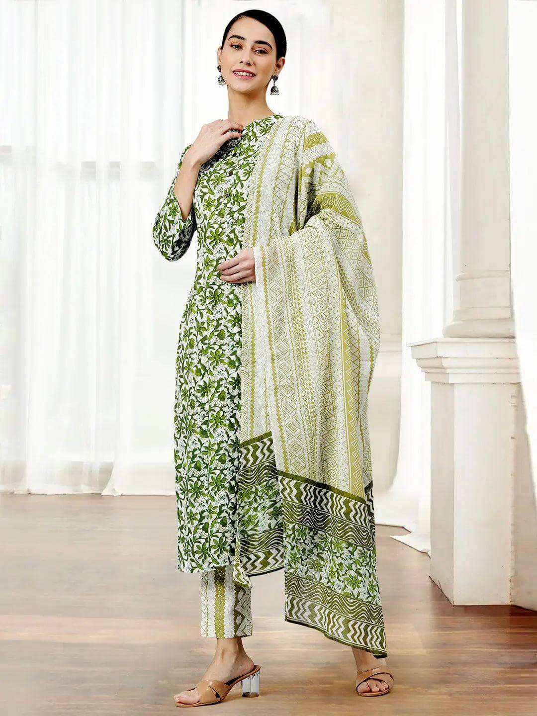 Green Rayon Floral Print Kurta with Pant and Dupatta