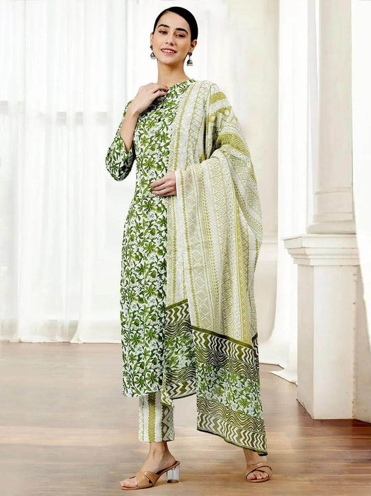 Green Rayon Floral Print Kurta with Pant and Dupatta
