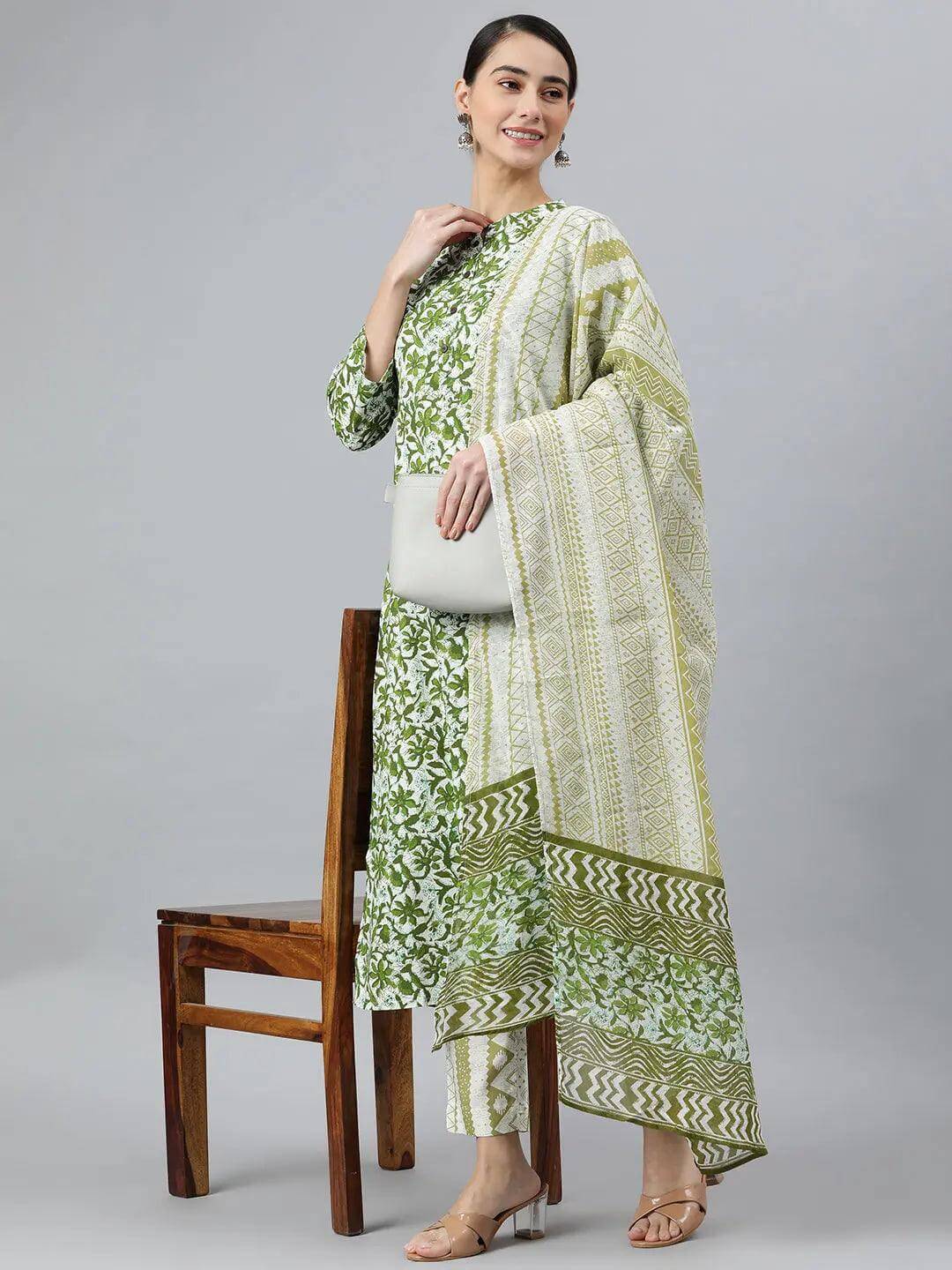 Green Rayon Floral Print Kurta with Pant and Dupatta