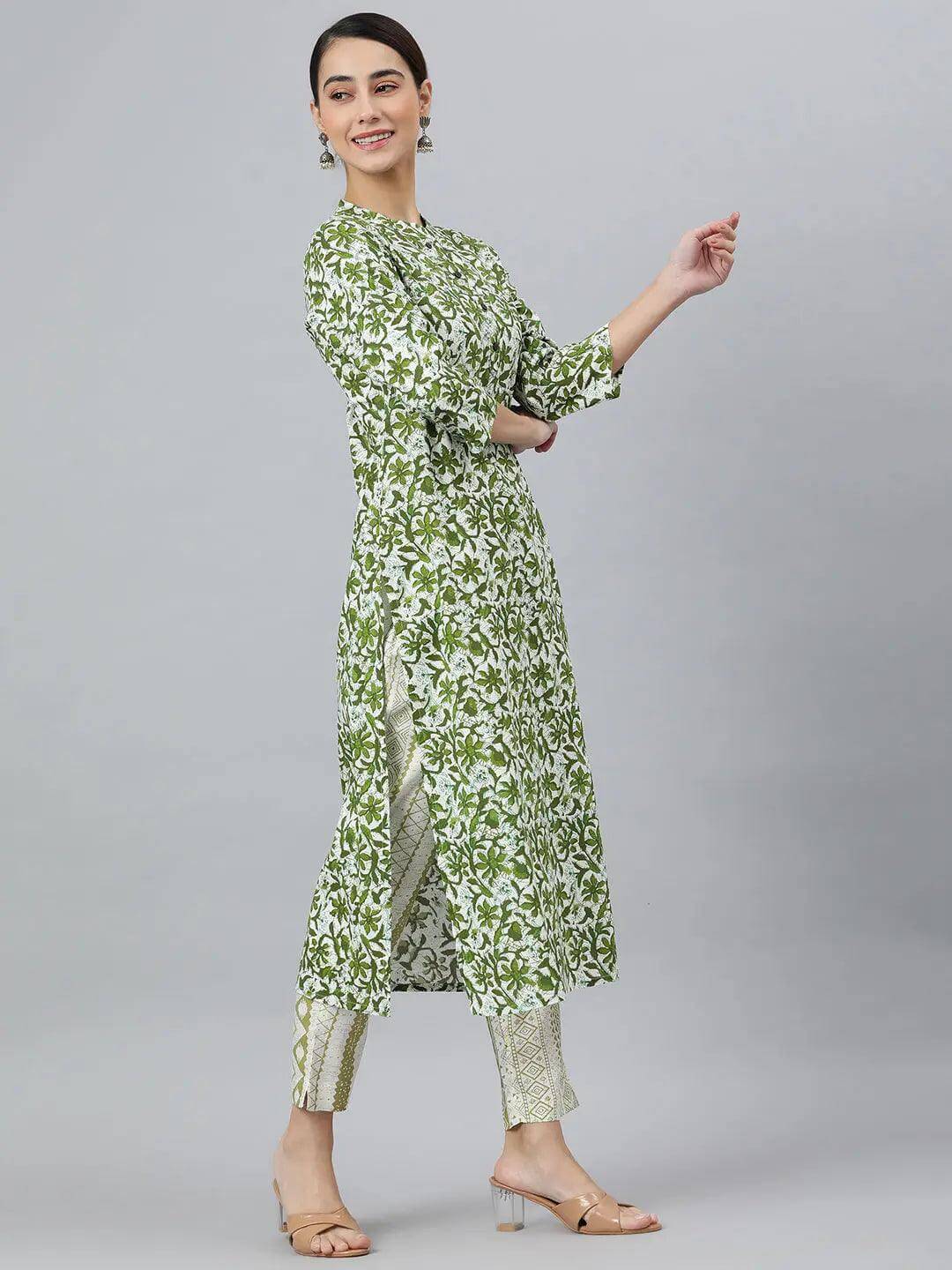 Green Rayon Floral Print Kurta with Pant and Dupatta