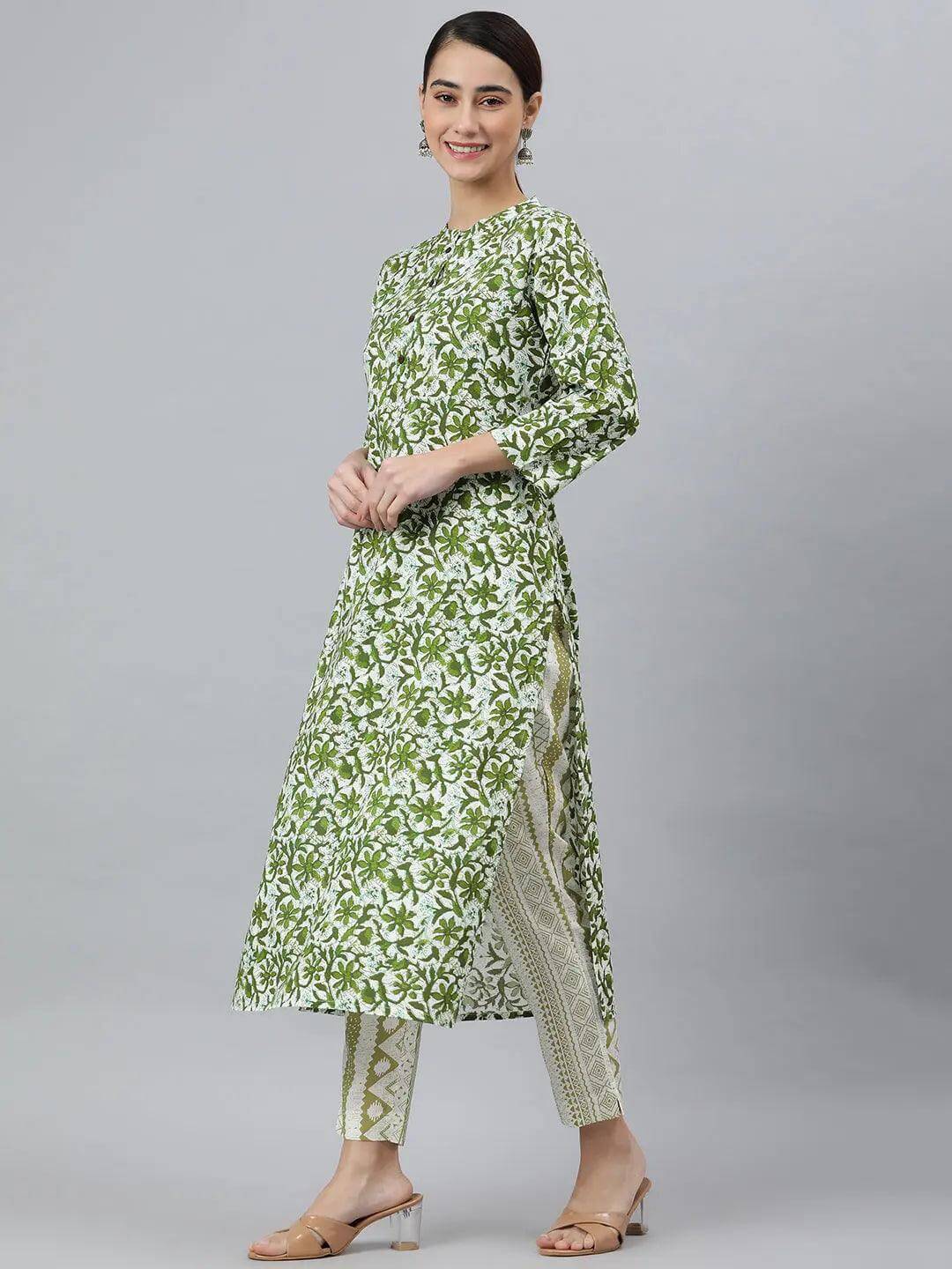 Green Rayon Floral Print Kurta with Pant and Dupatta