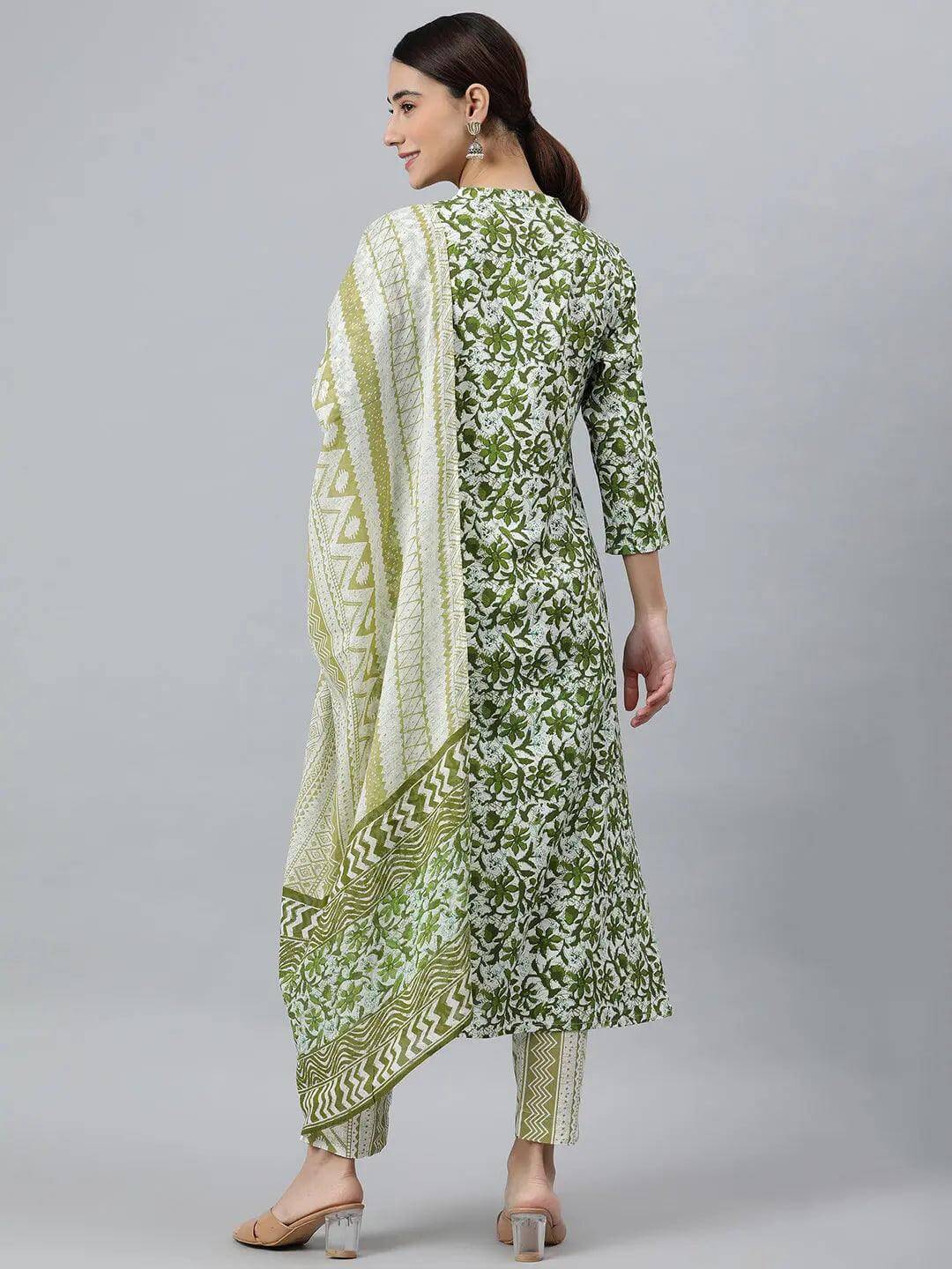 Green Rayon Floral Print Kurta with Pant and Dupatta