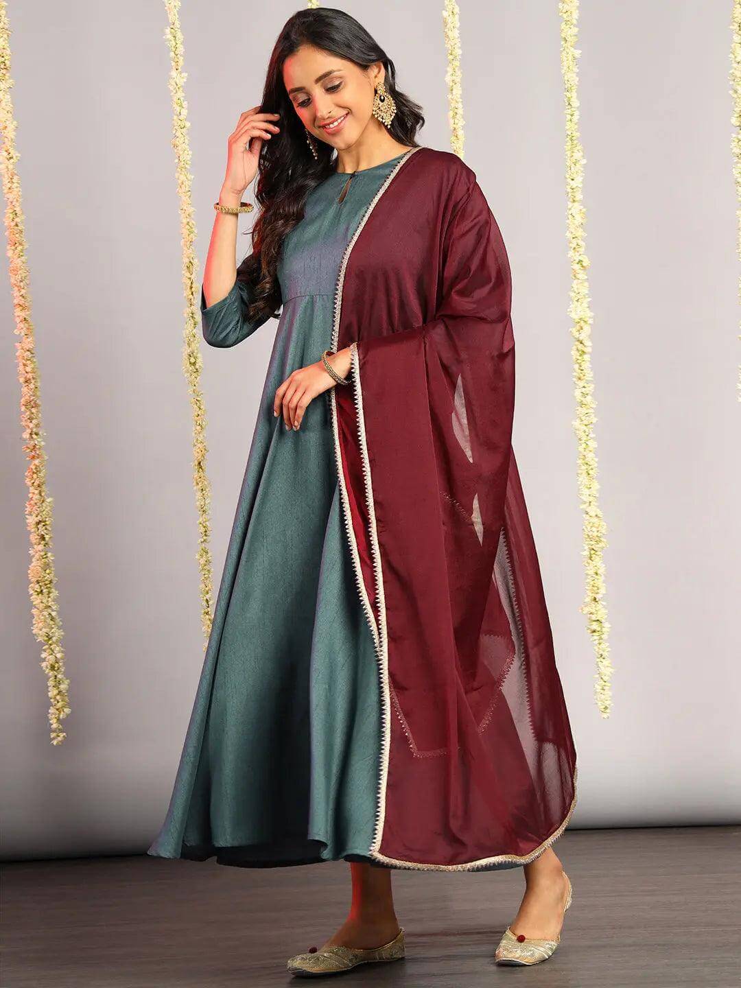 Grey Poly Silk Solid Kurta with Dupatta