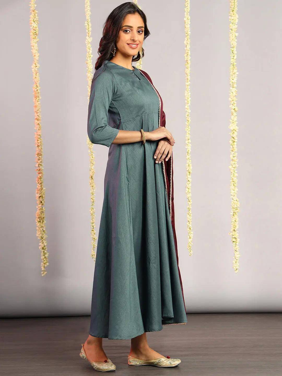 Grey Poly Silk Solid Kurta with Dupatta